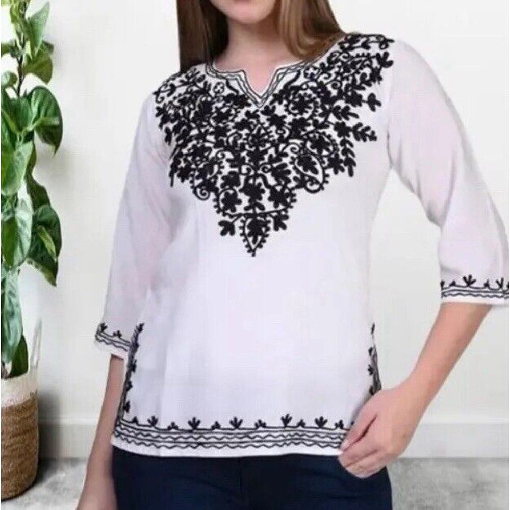 White/Black Embroidered 3/4 Sleeve Tunic Top Cotton size Large